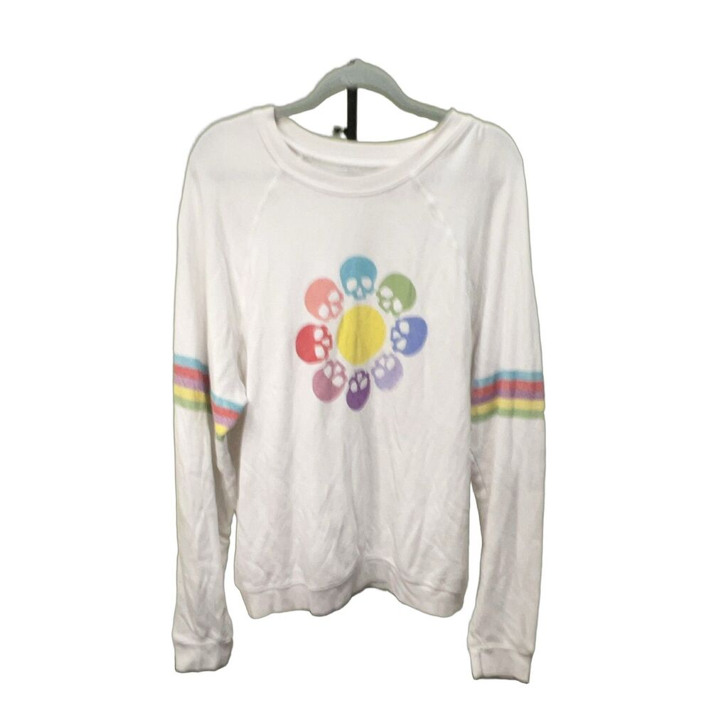 Lauren Moshi Women's Sweatshirt L White Graphic Print Skull Flower Pullover